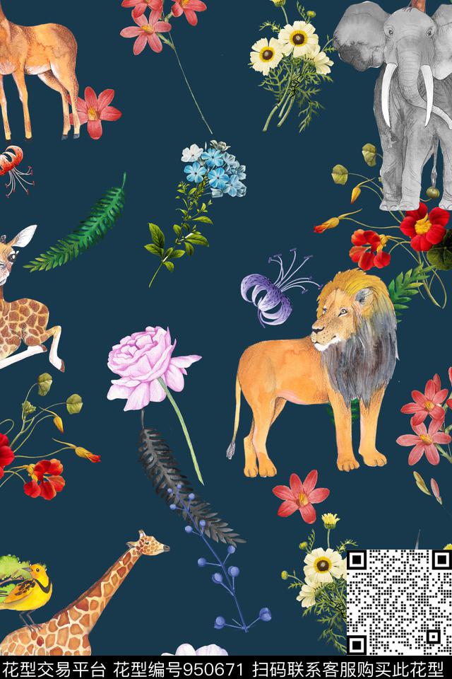 狮子动物小碎花数码印花华亿平台下载（图片编号: 950671） - 瓦栏（Walan）