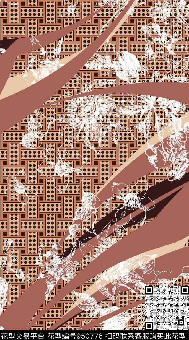 线条花卉几何混搭拼接数码印花华亿平台下载（图片编号: 950776） - 瓦栏（Walan）