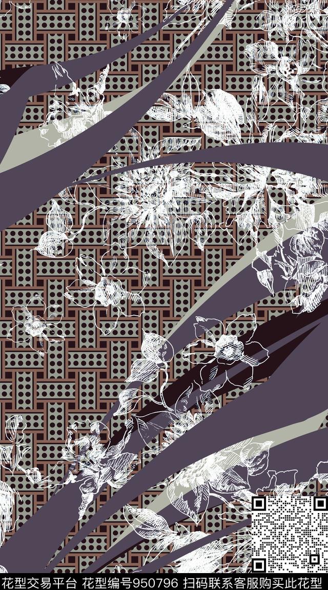 线条花卉几何混搭拼接数码印花华亿平台下载（图片编号: 950796） - 瓦栏（Walan）