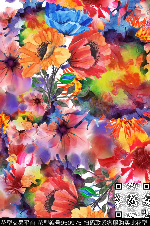 泼墨肌理花卉数码印花华亿平台下载（图片编号: 950975） - 瓦栏（Walan）