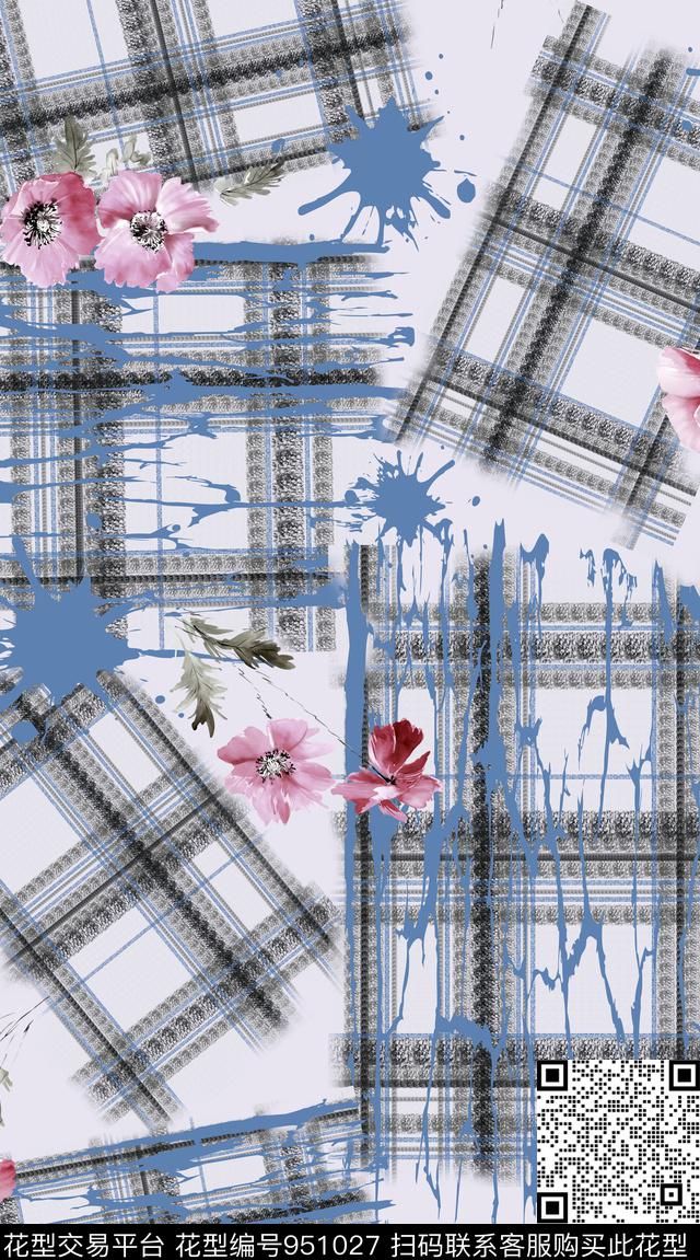 线条手绘花卉混搭拼接数码印花华亿平台下载（图片编号: 951027） - 瓦栏（Walan）