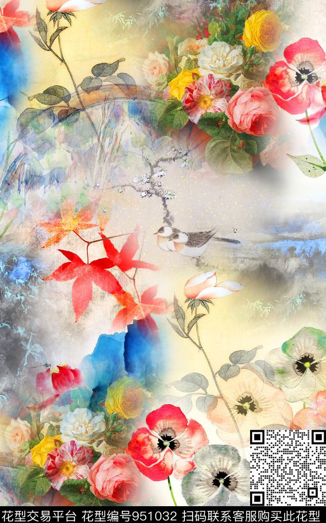 数码华亿平台花卉混合拼接数码印花华亿平台下载（图片编号: 951032） - 瓦栏（Walan）