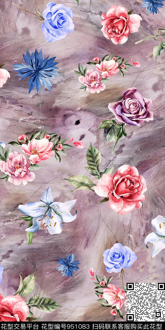 小碎花手绘花卉满版散花数码印花华亿平台下载（图片编号: 951083） - 瓦栏（Walan）