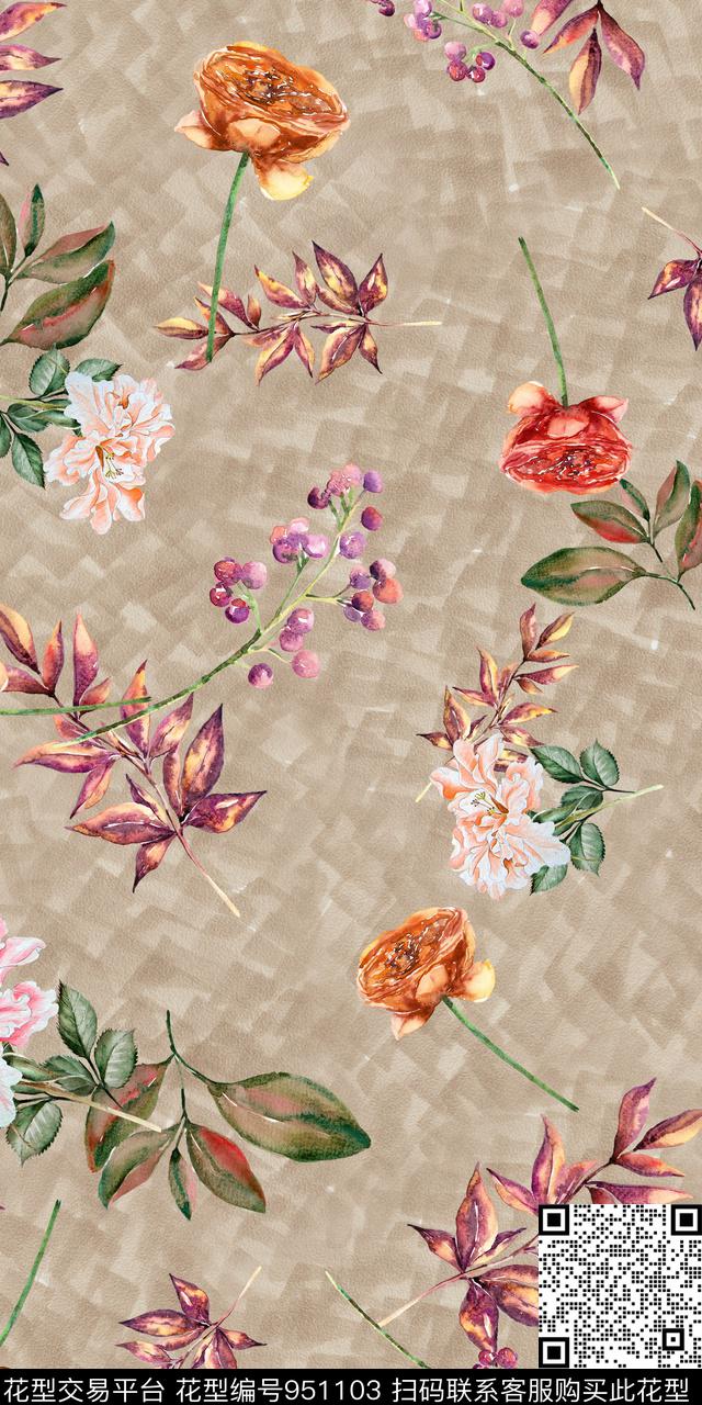 小碎花手绘花卉满版散花数码印花华亿平台下载（图片编号: 951103） - 瓦栏（Walan）