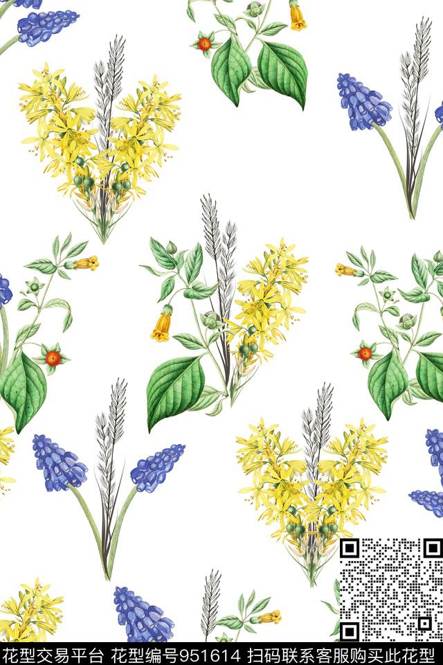 小碎花绿植树叶花穗数码印花华亿平台下载（图片编号: 951614） - 瓦栏（Walan）