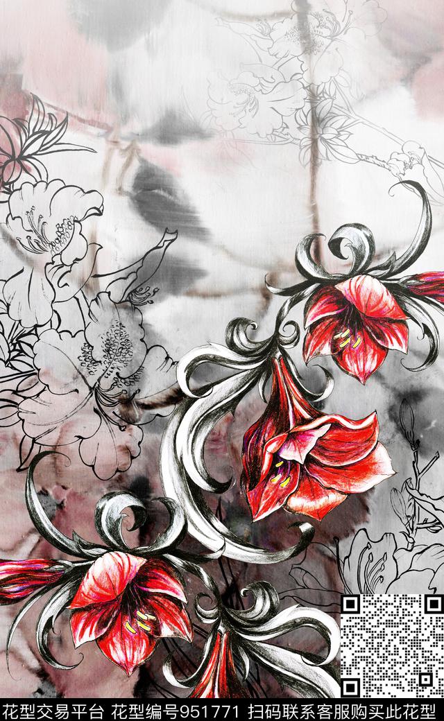 水彩花卉数码华亿平台定位花数码印花华亿平台下载（图片编号: 951771） - 瓦栏（Walan）