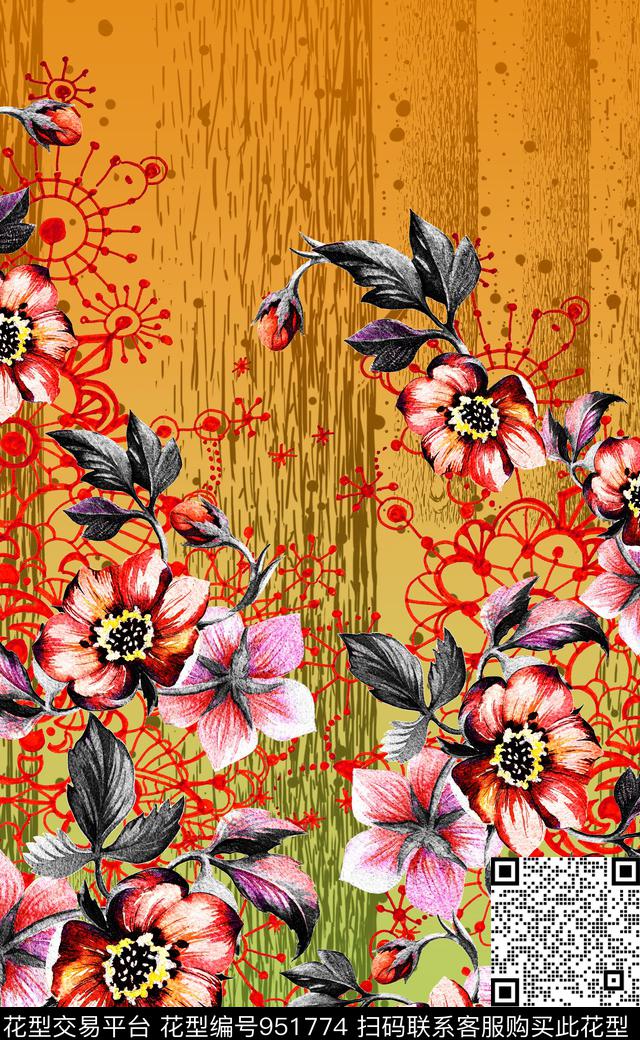 数码华亿平台网布蕾丝定位花数码印花华亿平台下载（图片编号: 951774） - 瓦栏（Walan）
