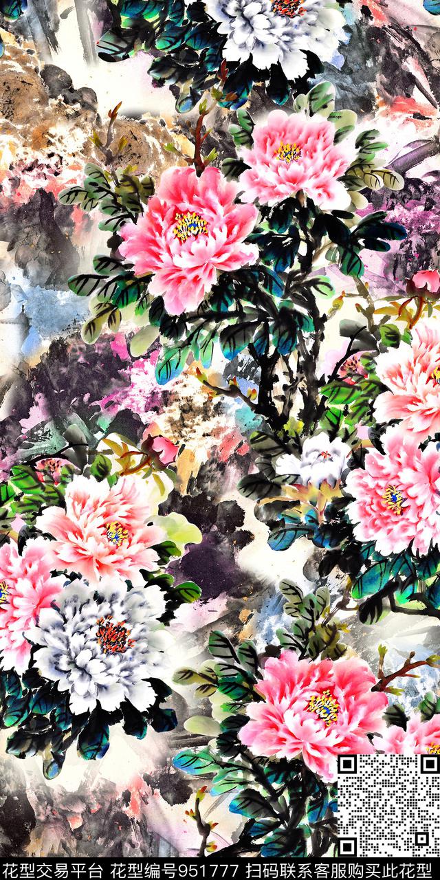 水墨风国画牡丹数码印花华亿平台下载（图片编号: 951777） - 瓦栏（Walan）