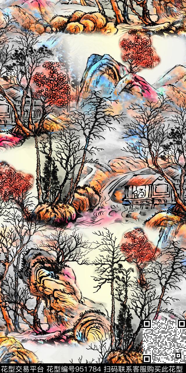 山树林建筑数码印花华亿平台下载（图片编号: 951784） - 瓦栏（Walan）