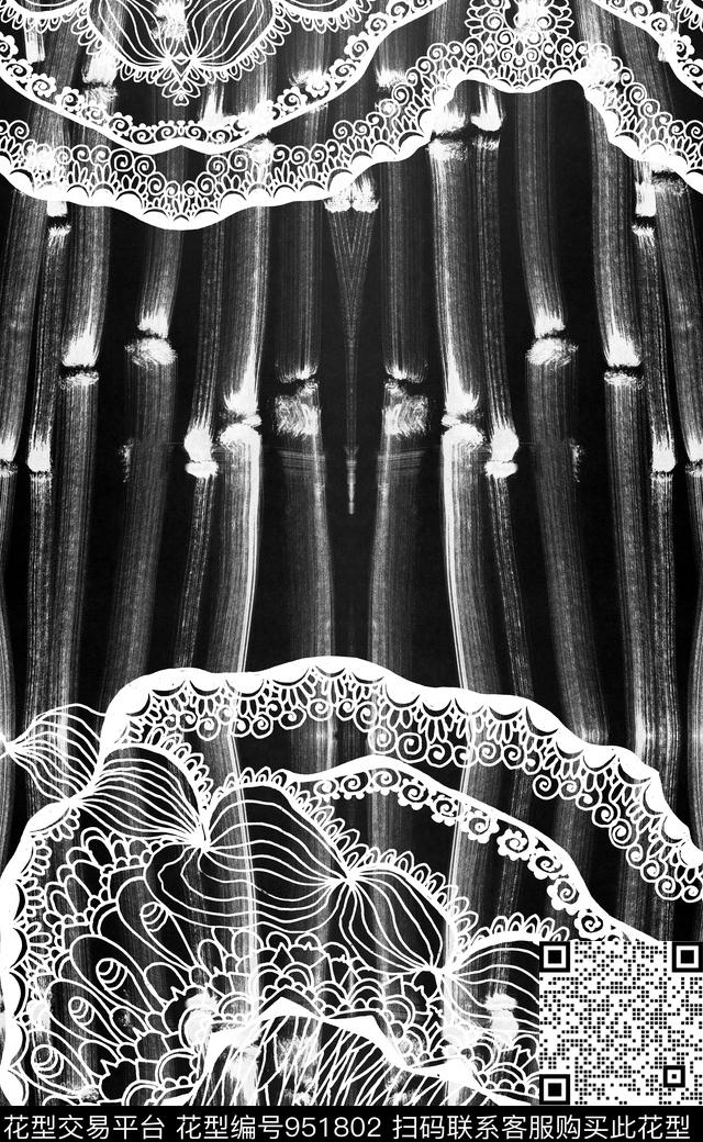 黑白华亿平台水彩花卉抽象数码印花华亿平台下载（图片编号: 951802） - 瓦栏（Walan）