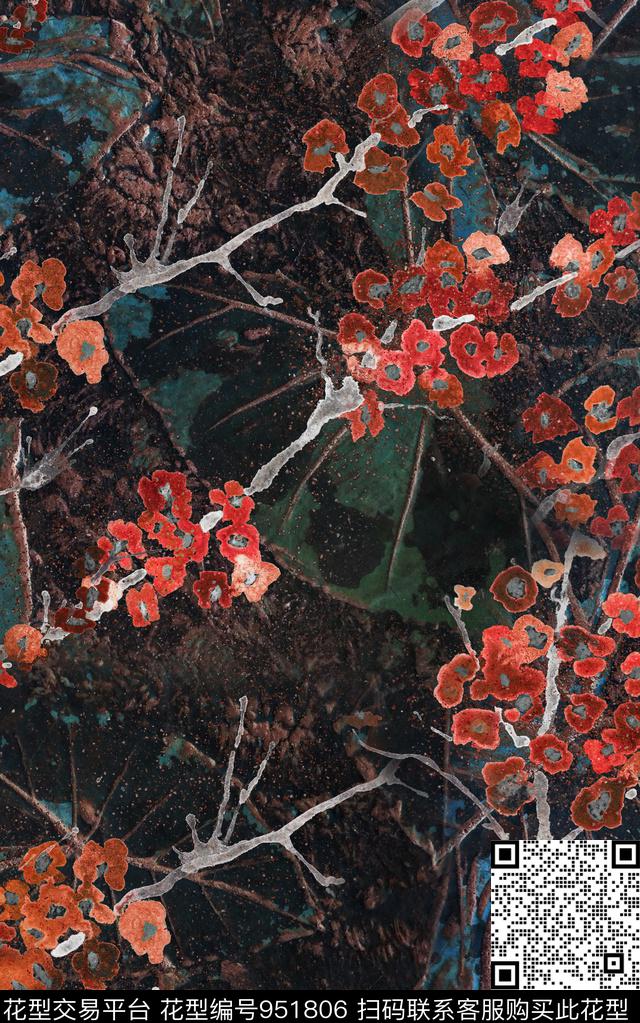 民族风水彩花卉抽象数码印花华亿平台下载（图片编号: 951806） - 瓦栏（Walan）