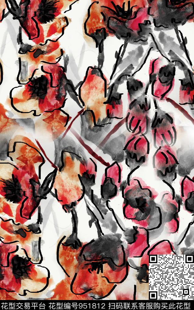 线条花卉水彩花卉数码华亿平台数码印花华亿平台下载（图片编号: 951812） - 瓦栏（Walan）