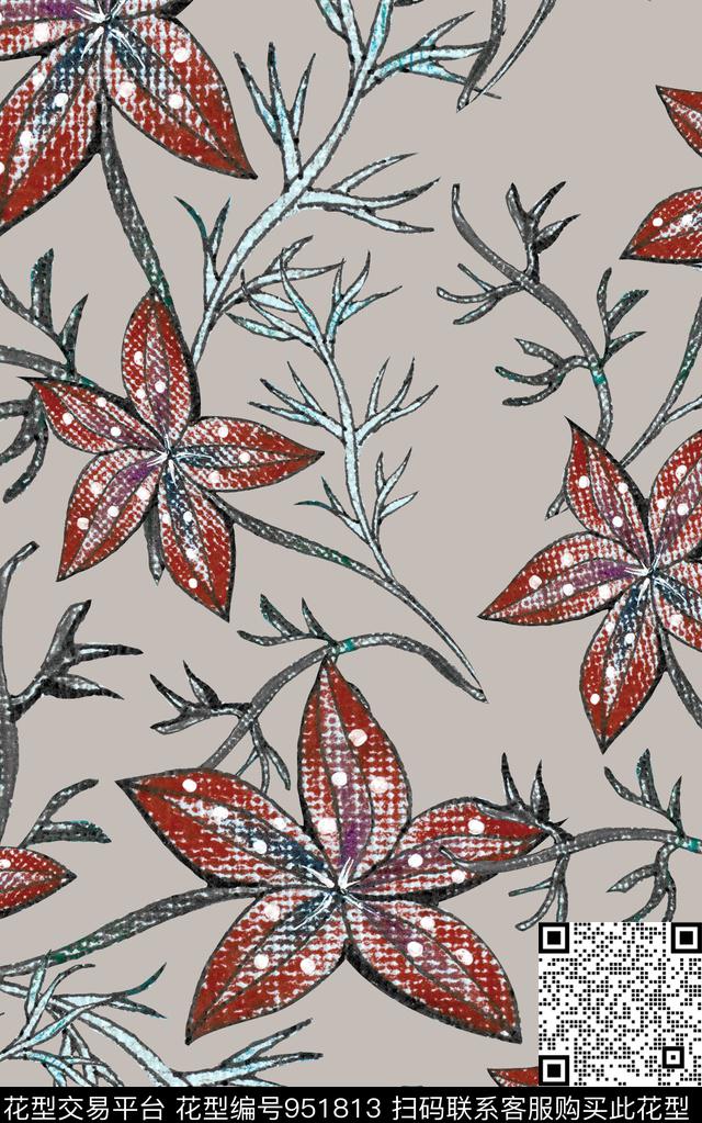 线条花卉数码华亿平台清爽底花卉数码印花华亿平台下载（图片编号: 951813） - 瓦栏（Walan）