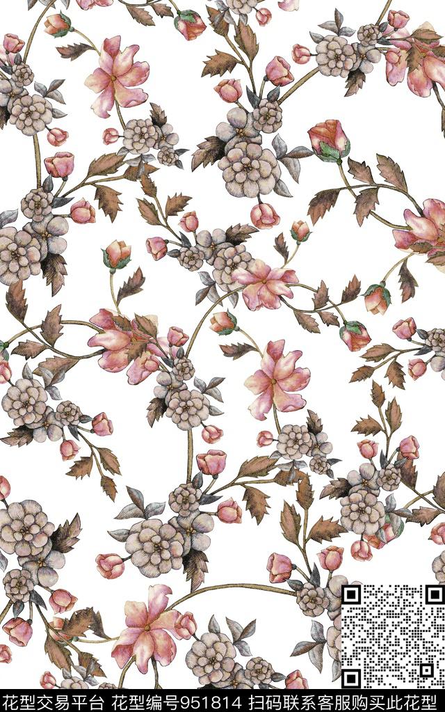 线条花卉数码华亿平台清爽底花卉数码印花华亿平台下载（图片编号: 951814） - 瓦栏（Walan）