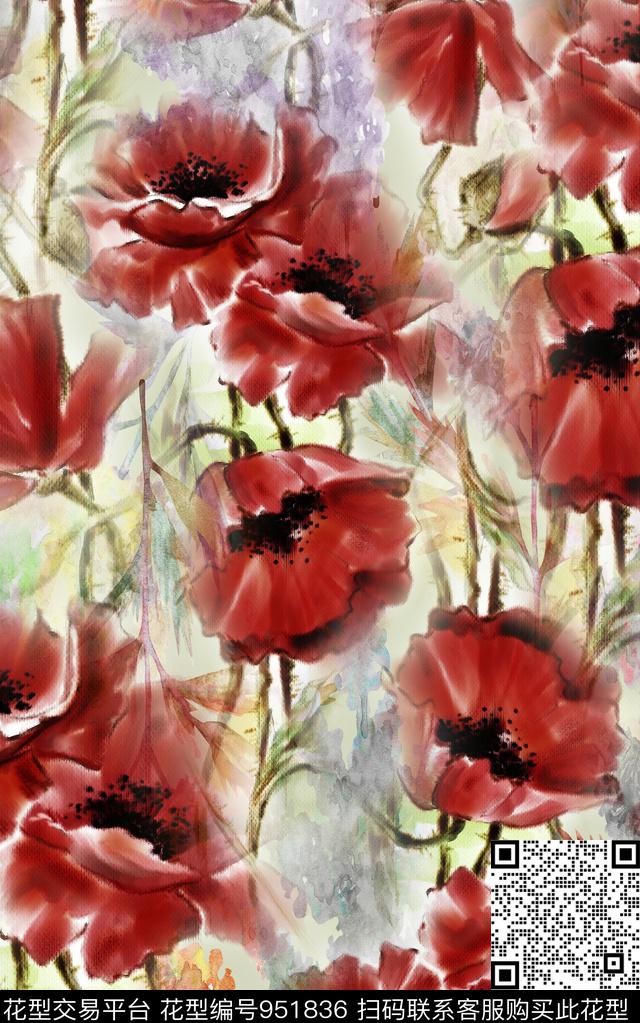 水彩花卉水墨风斑驳数码印花华亿平台下载（图片编号: 951836） - 瓦栏（Walan）