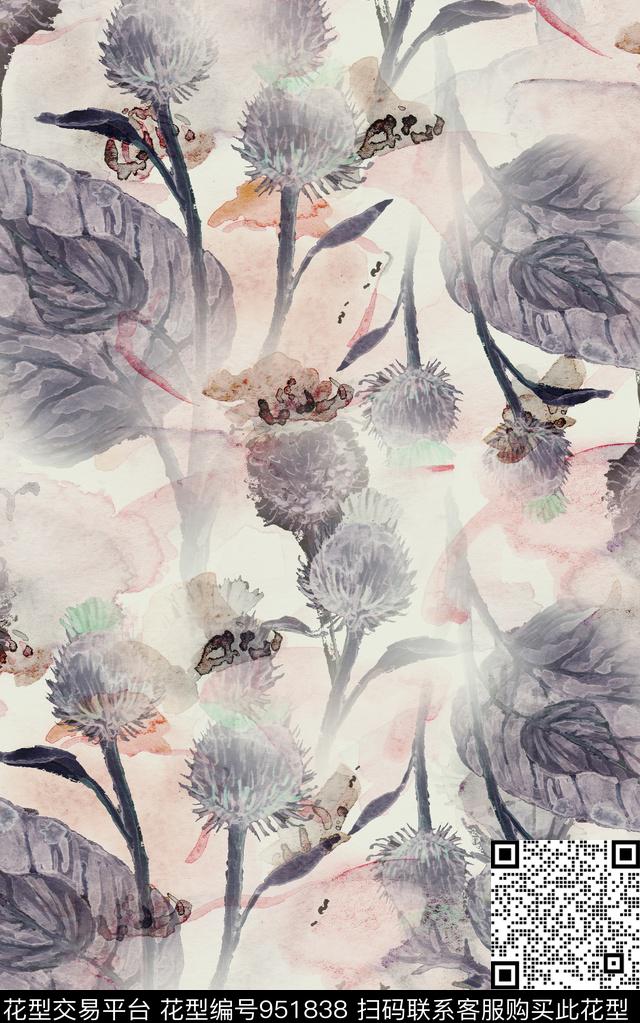 水彩花卉水墨风斑驳数码印花华亿平台下载（图片编号: 951838） - 瓦栏（Walan）