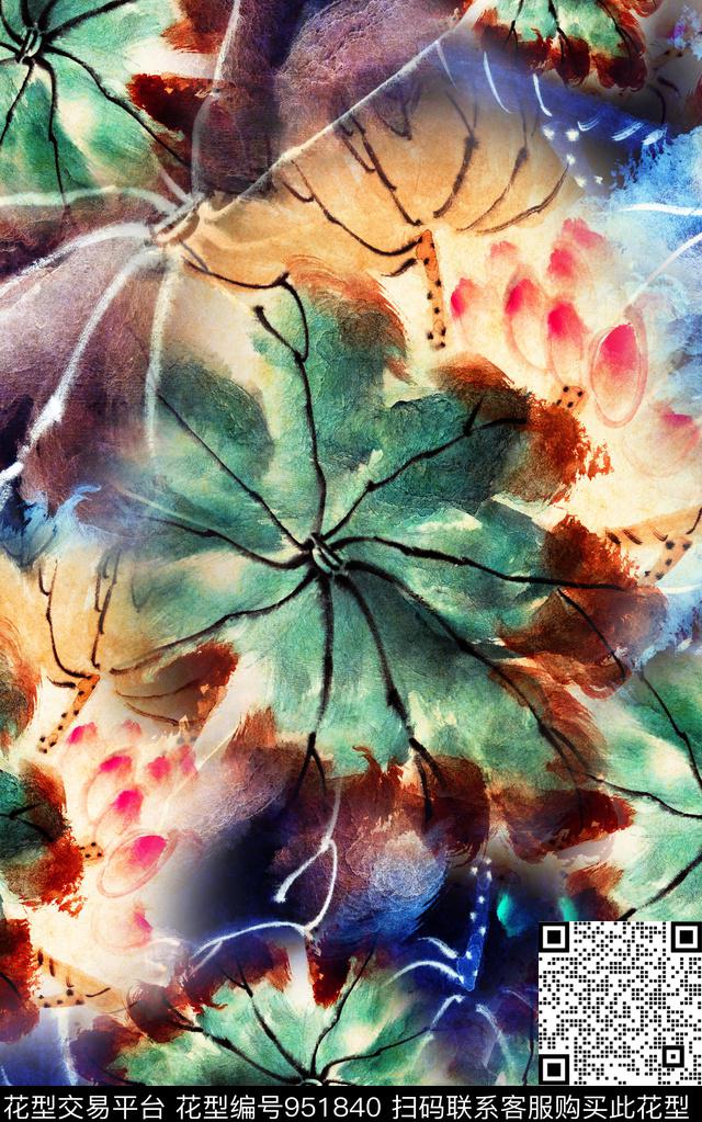 水彩花卉斑驳水墨风数码印花华亿平台下载（图片编号: 951840） - 瓦栏（Walan）
