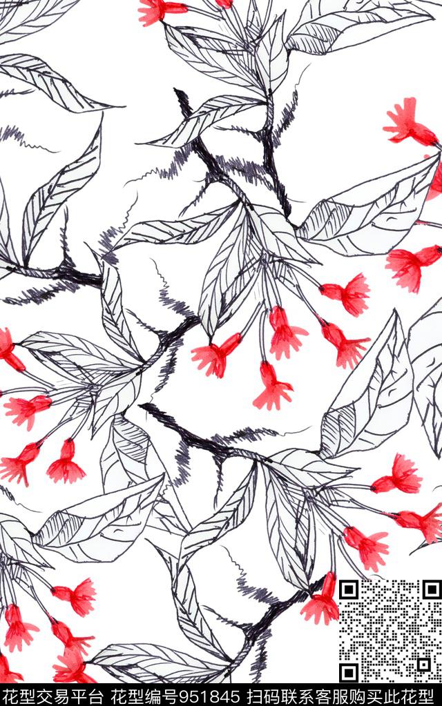 线条花卉花卉清爽底花卉数码印花华亿平台下载（图片编号: 951845） - 瓦栏（Walan）