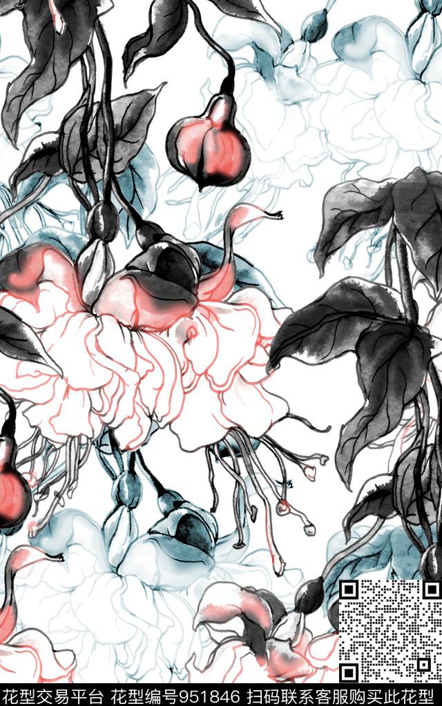 线条花卉花卉清爽底花卉数码印花华亿平台下载（图片编号: 951846） - 瓦栏（Walan）