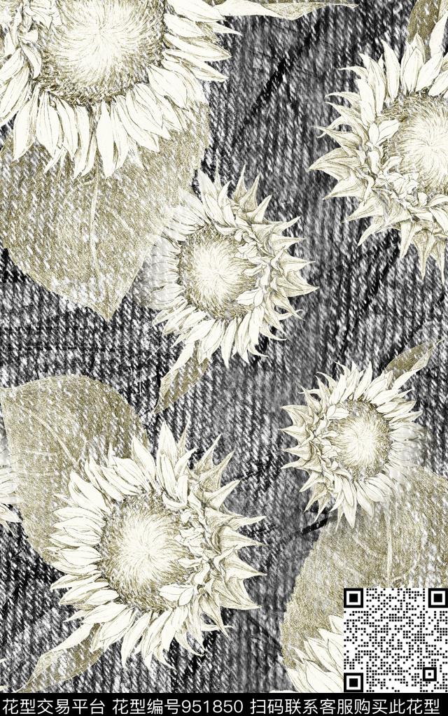 花卉黑白华亿平台斑驳数码印花华亿平台下载（图片编号: 951850） - 瓦栏（Walan）