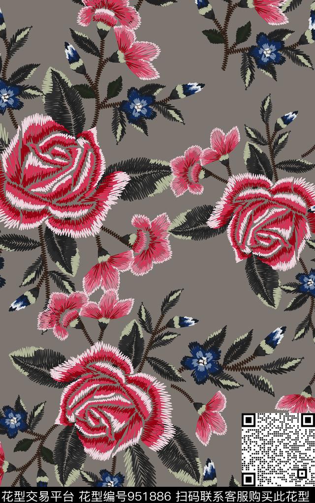 数码华亿平台绣花华亿平台花卉数码印花华亿平台下载（图片编号: 951886） - 瓦栏（Walan）
