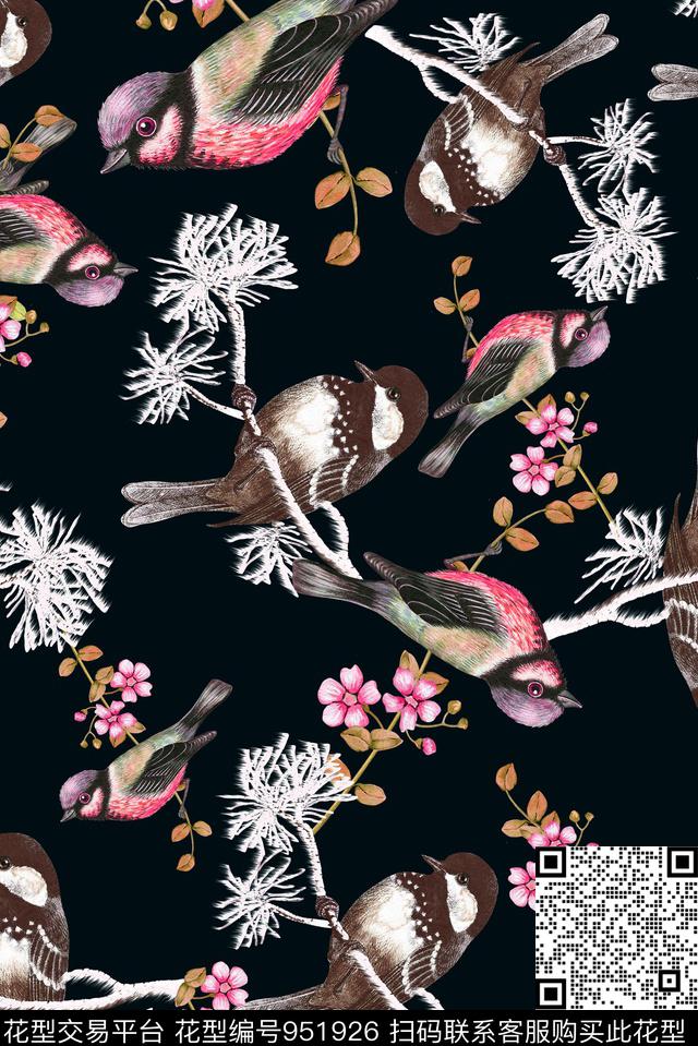 朦胧花卉鸟秋冬华亿平台数码印花华亿平台下载（图片编号: 951926） - 瓦栏（Walan）