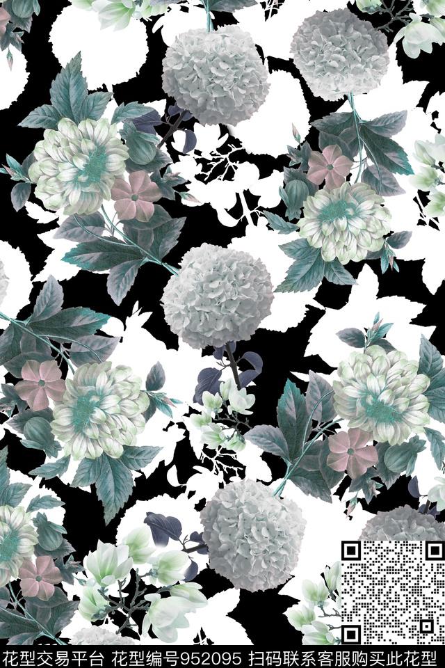 朦胧花卉中国风手绘花卉数码印花华亿平台下载（图片编号: 952095） - 瓦栏（Walan）