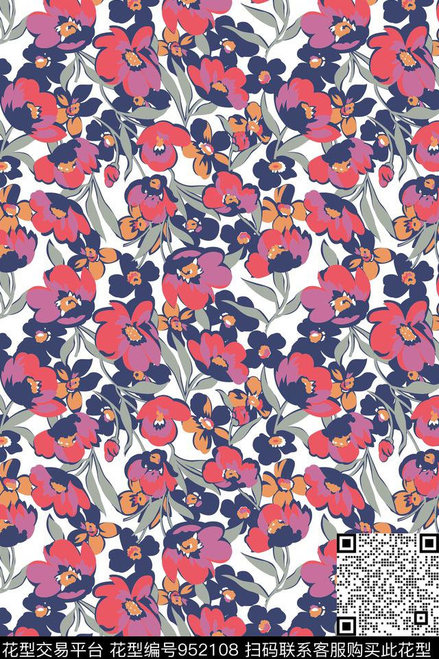 雪纺黑底花卉秋冬华亿平台传统印花华亿平台下载（图片编号: 952108） - 瓦栏（Walan）