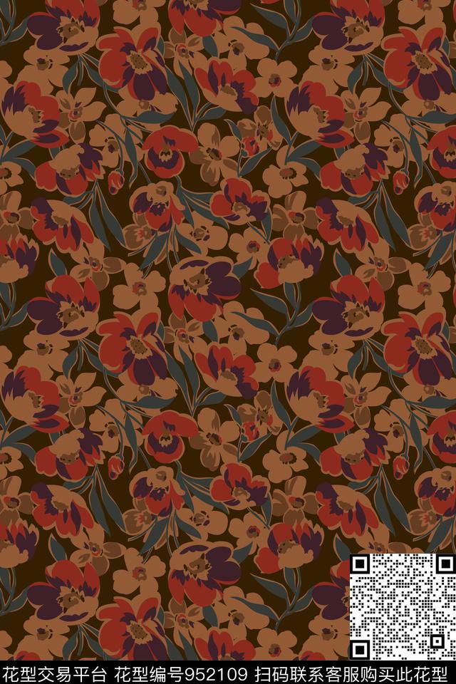 雪纺黑底花卉秋冬华亿平台传统印花华亿平台下载（图片编号: 952109） - 瓦栏（Walan）