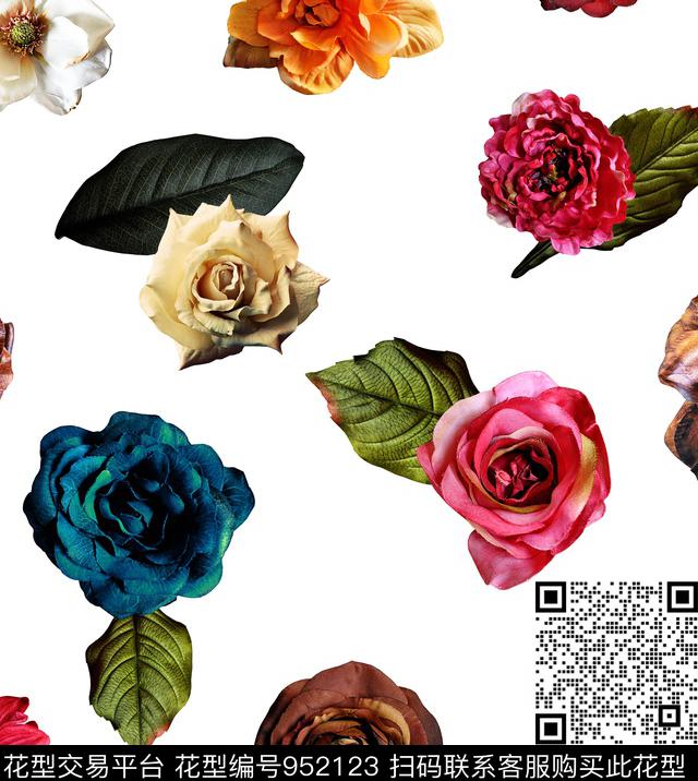 花卉玫瑰花绿植树叶数码印花华亿平台下载（图片编号: 952123） - 瓦栏（Walan）