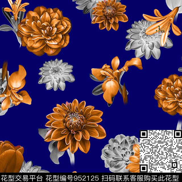 菊花花卉大丽花数码印花华亿平台下载（图片编号: 952125） - 瓦栏（Walan）