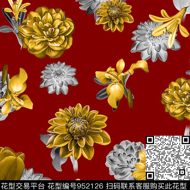 菊花花卉大丽花数码印花华亿平台下载（图片编号: 952126） - 瓦栏（Walan）