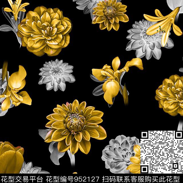 菊花花卉大丽花数码印花华亿平台下载（图片编号: 952127） - 瓦栏（Walan）