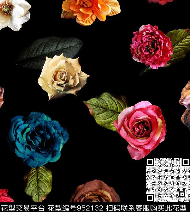 花卉玫瑰花绿植树叶数码印花华亿平台下载（图片编号: 952132） - 瓦栏（Walan）