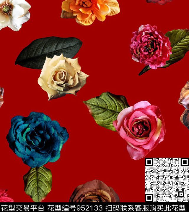 花卉玫瑰花绿植树叶数码印花华亿平台下载（图片编号: 952133） - 瓦栏（Walan）