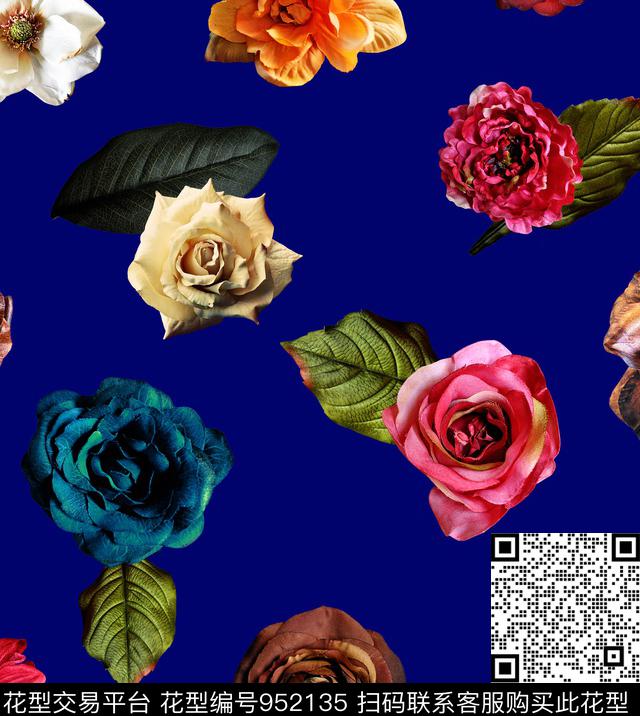 花卉玫瑰花绿植树叶数码印花华亿平台下载（图片编号: 952135） - 瓦栏（Walan）