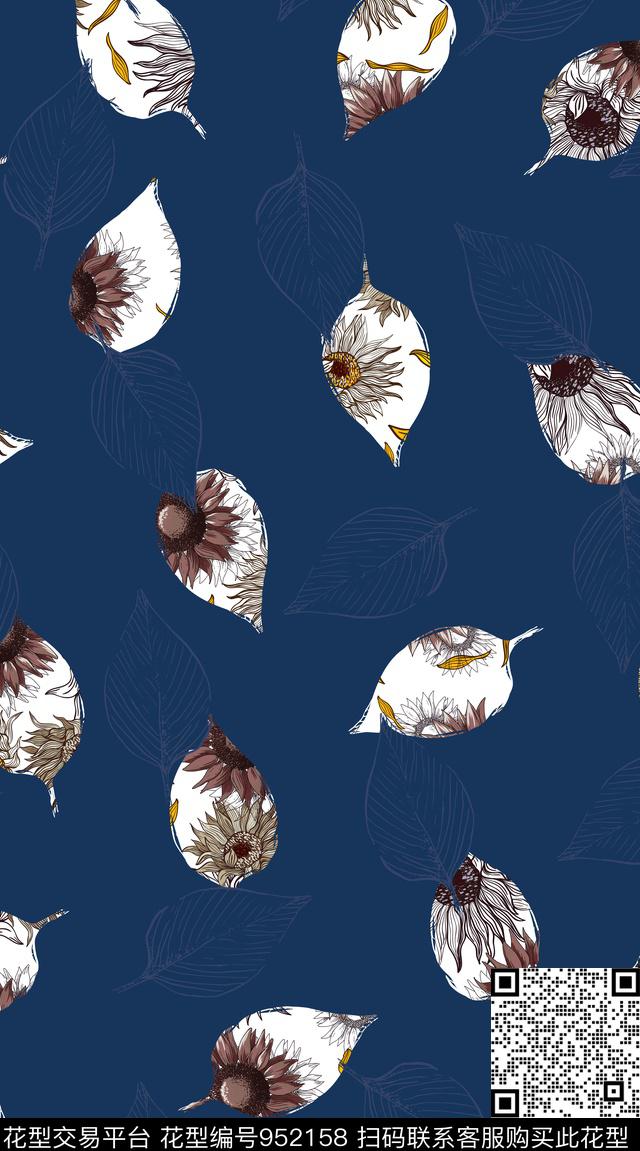 向日葵线条花卉手绘花卉数码印花华亿平台下载（图片编号: 952158） - 瓦栏（Walan）