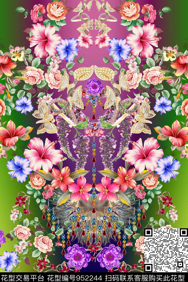 花卉几何混合拼接数码印花华亿平台下载（图片编号: 952244） - 瓦栏（Walan）