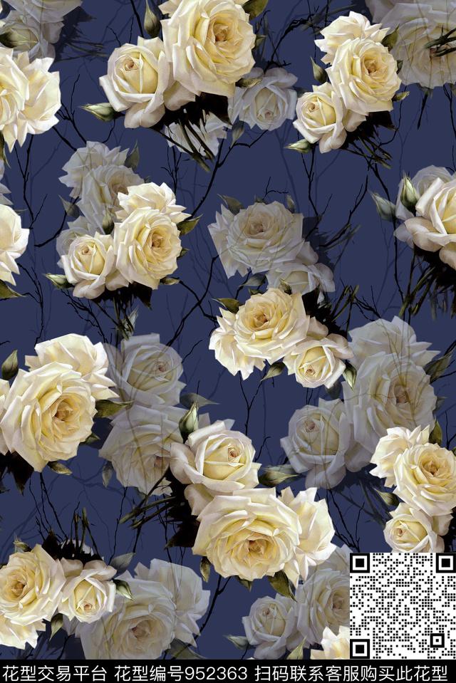 女装玫瑰花花卉数码印花华亿平台下载（图片编号: 952363） - 瓦栏（Walan）