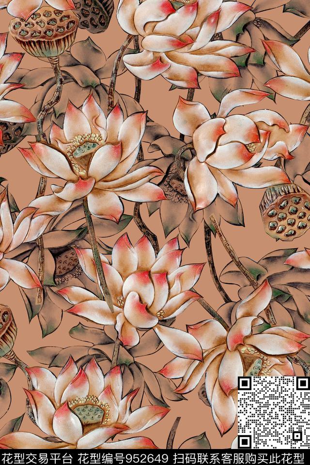 荷花纹理中国风数码印花华亿平台下载（图片编号: 952649） - 瓦栏（Walan）