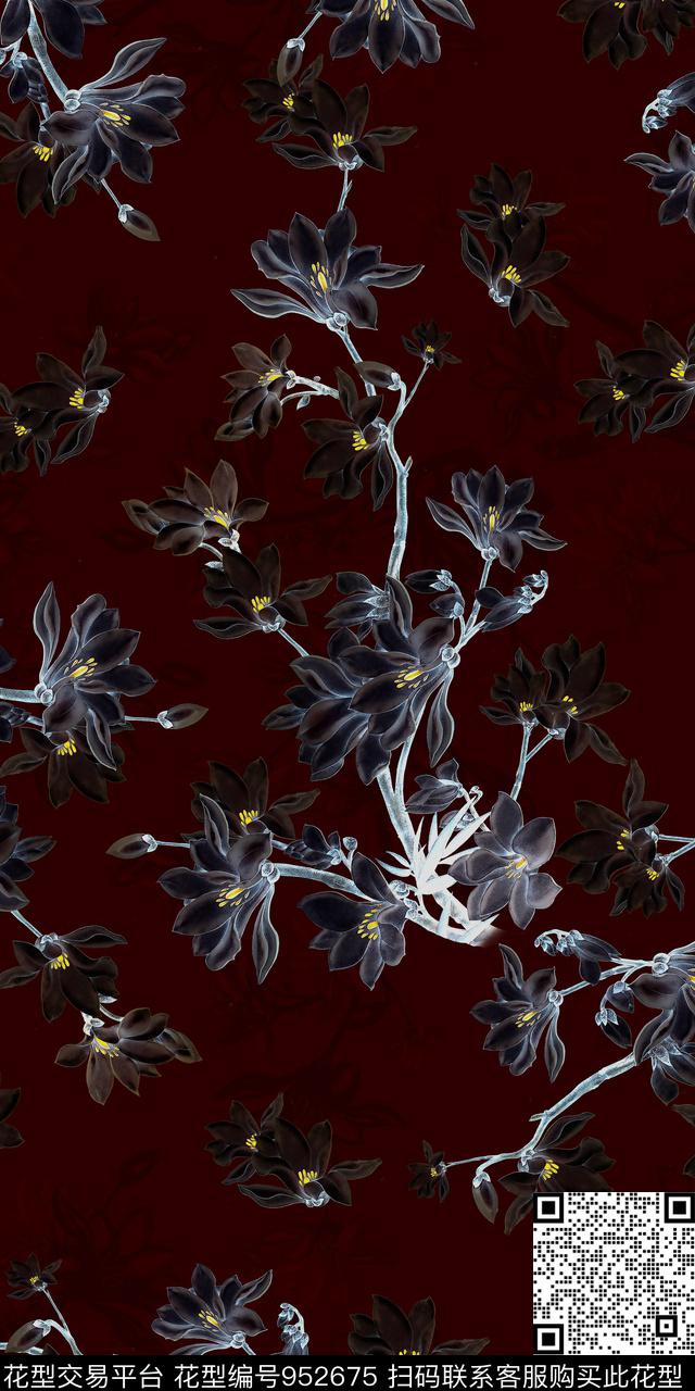 香云纱花卉国画数码印花华亿平台下载（图片编号: 952675） - 瓦栏（Walan）