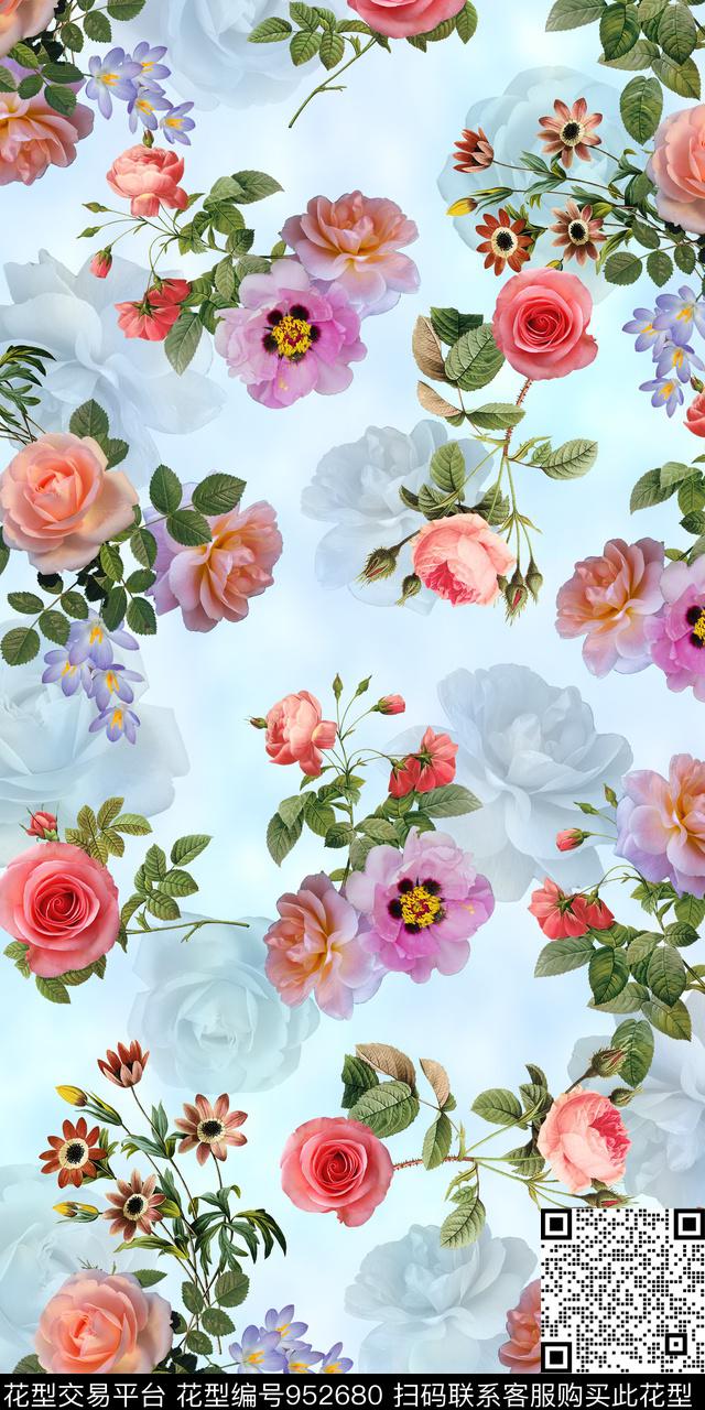 素雅数码华亿平台手绘花卉数码印花华亿平台下载（图片编号: 952680） - 瓦栏（Walan）