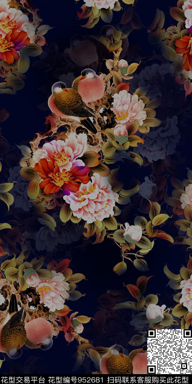 牡丹香云纱国画数码印花华亿平台下载（图片编号: 952681） - 瓦栏（Walan）