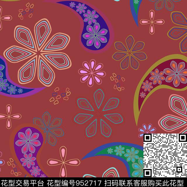 民族风秋冬华亿平台手绘花卉数码印花华亿平台下载（图片编号: 952717） - 瓦栏（Walan）