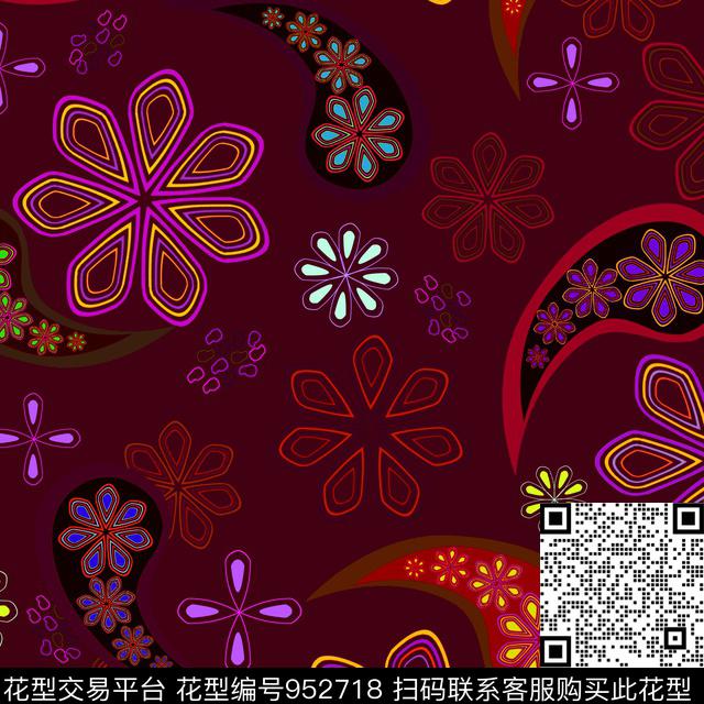 民族风秋冬华亿平台手绘花卉数码印花华亿平台下载（图片编号: 952718） - 瓦栏（Walan）