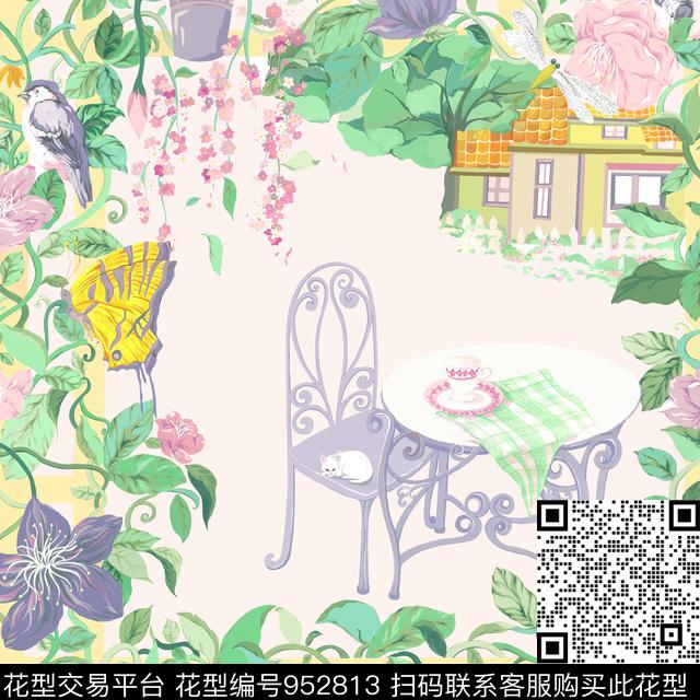 趣味朦胧花卉手绘大花传统印花华亿平台下载（图片编号: 952813） - 瓦栏（Walan）