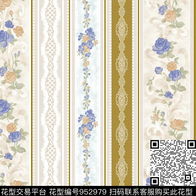 手绘花卉条纹网布蕾丝传统印花华亿平台下载（图片编号: 952979） - 瓦栏（Walan）
