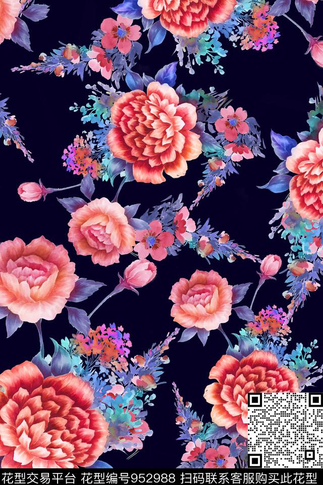 黑底花卉炫彩大花数码印花华亿平台下载（图片编号: 952988） - 瓦栏（Walan）