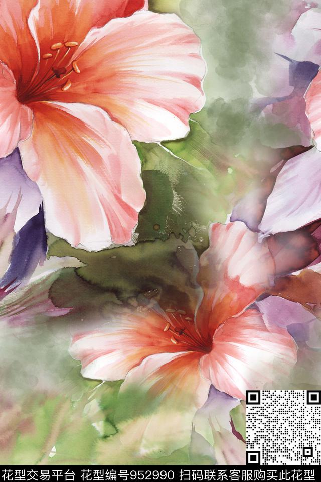 大花花卉手绘花卉数码印花华亿平台下载（图片编号: 952990） - 瓦栏（Walan）