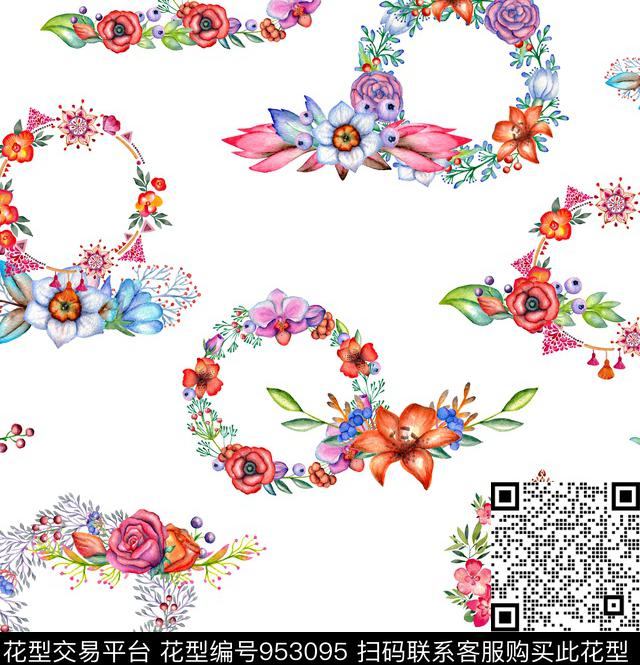 水彩花卉花卉圆形数码印花华亿平台下载（图片编号: 953095） - 瓦栏（Walan）